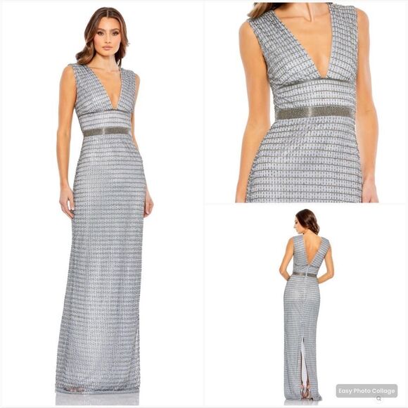 Mac Duggal 5625 Beaded Cap Sleeve V Neck Column Gown Dress Silver Size 4 - Picture 1 of 13
